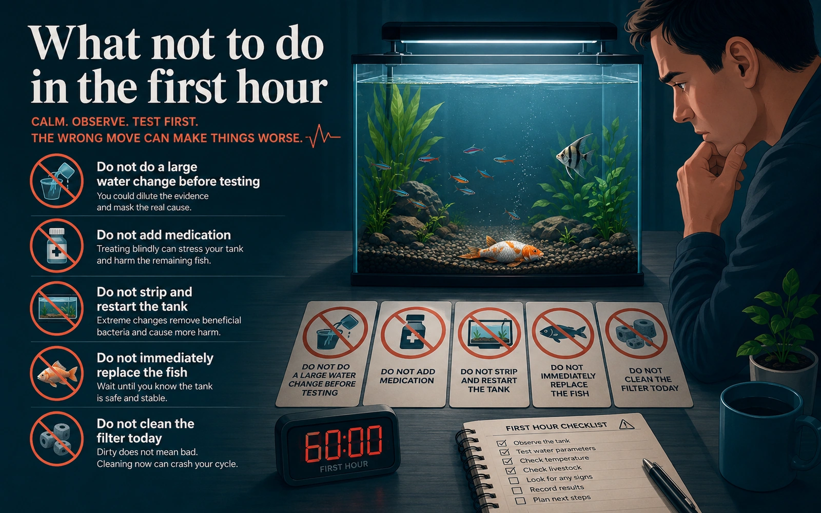 Infographic showing what not to do in the first hour, including not doing a large water change before testing, not adding medication, not restarting the tank, not replacing the fish immediately, and not cleaning the filter.