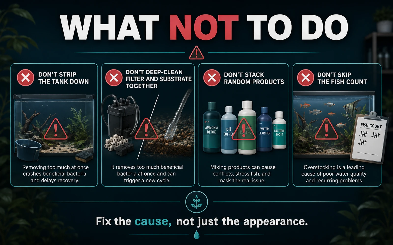 Infographic listing common mistakes to avoid when an established aquarium suddenly turns cloudy.