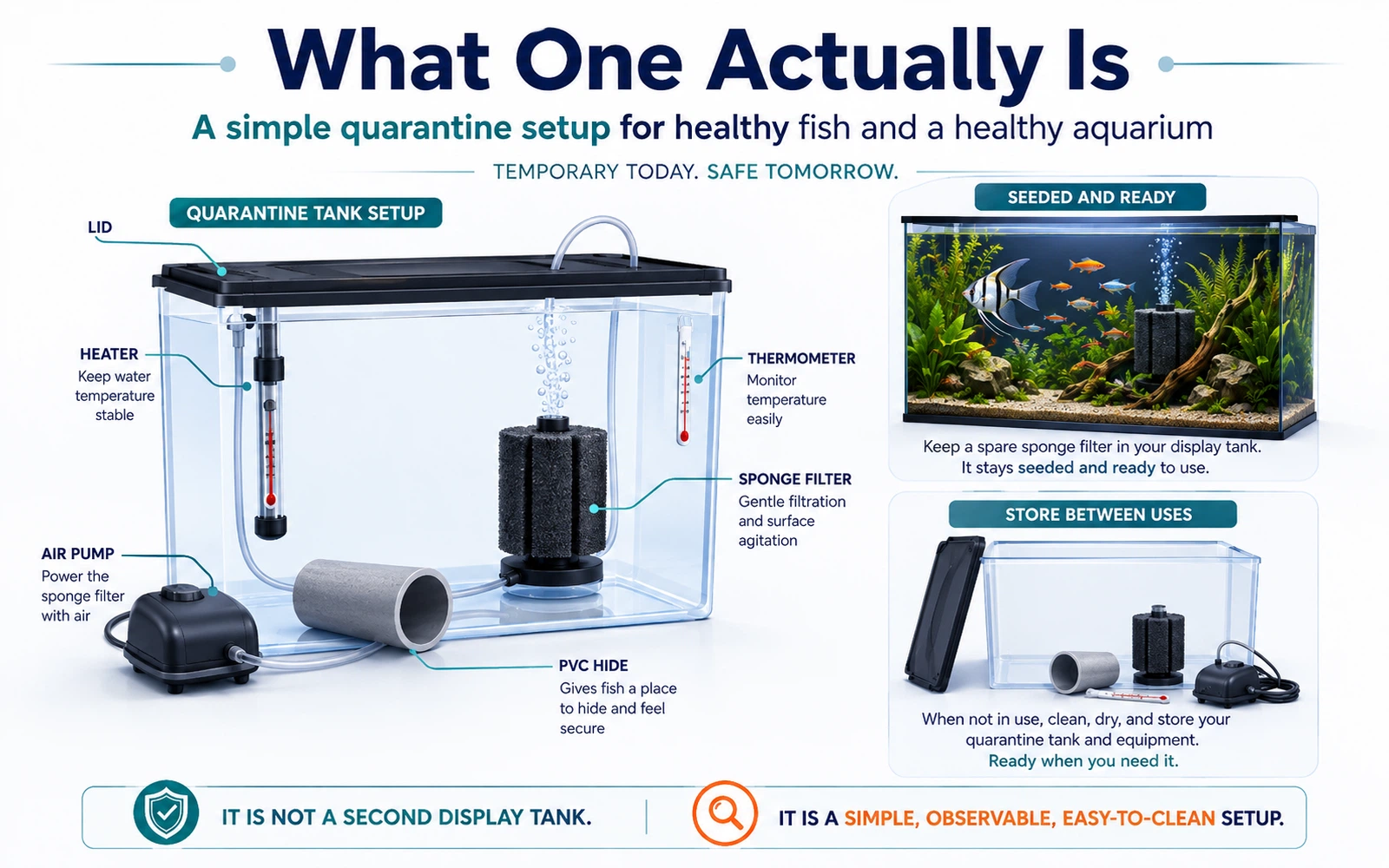 Infographic showing the basic quarantine setup with a bare container, sponge filter, heater, air pump, thermometer, lid, and hiding place.