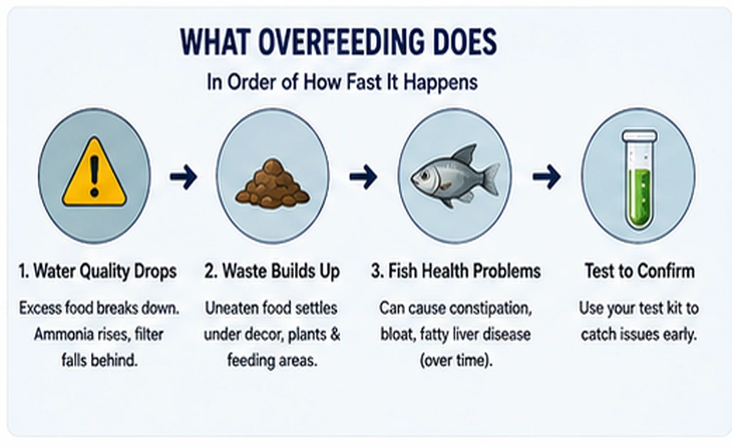 Diagram showing excess food leading to poorer water quality, waste buildup, and fish health problems