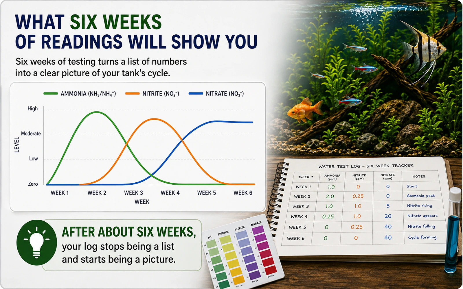 Infographic showing how six weeks of aquarium readings reveal the cycle and trends.