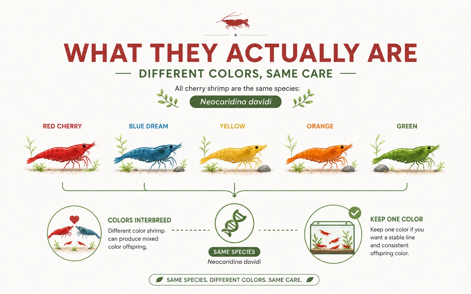 Infographic showing different Neocaridina color varieties and explaining that the care is the same.