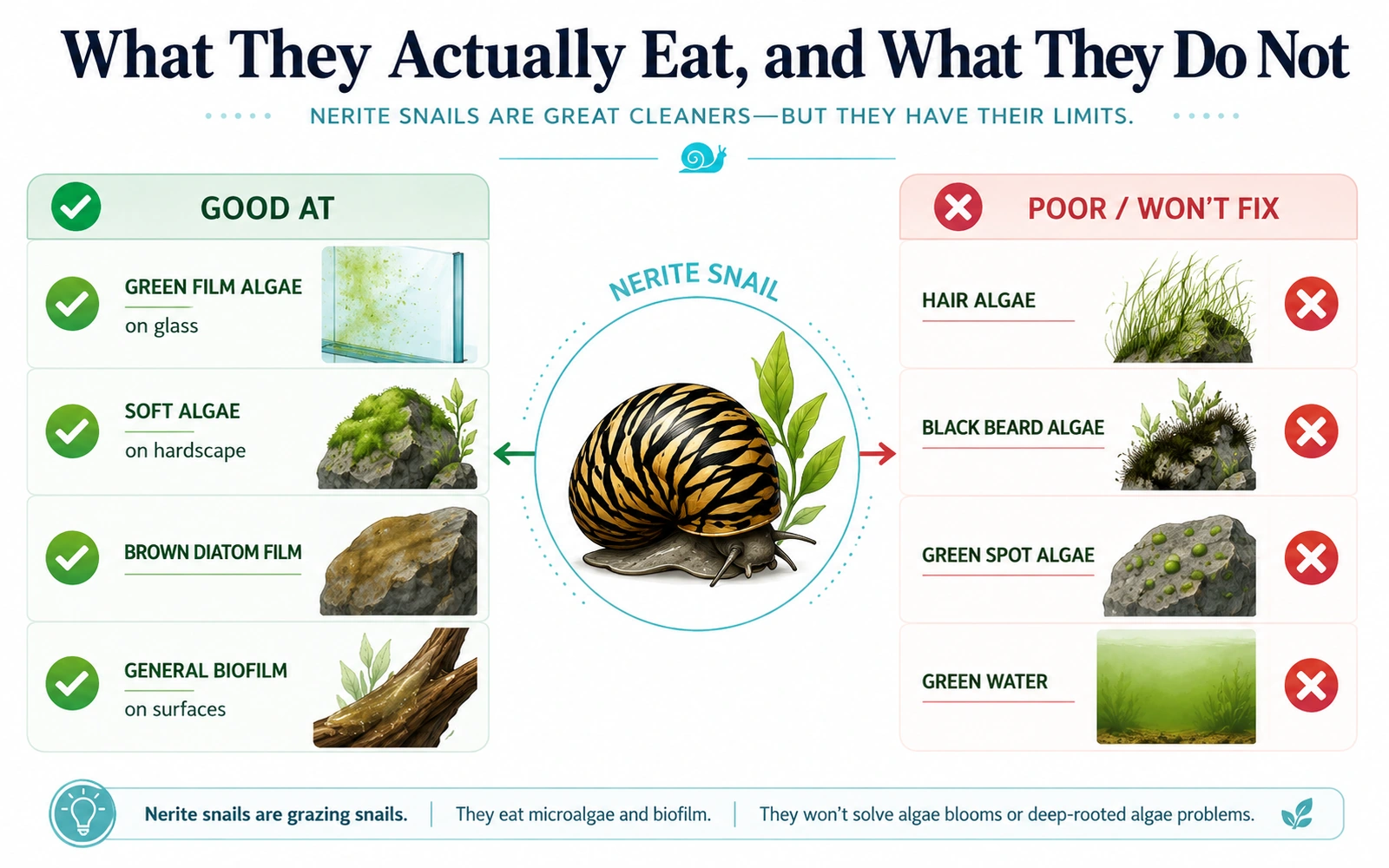 Minimalist infographic comparing the algae and biofilm nerite snails graze with the growths they generally do not solve.