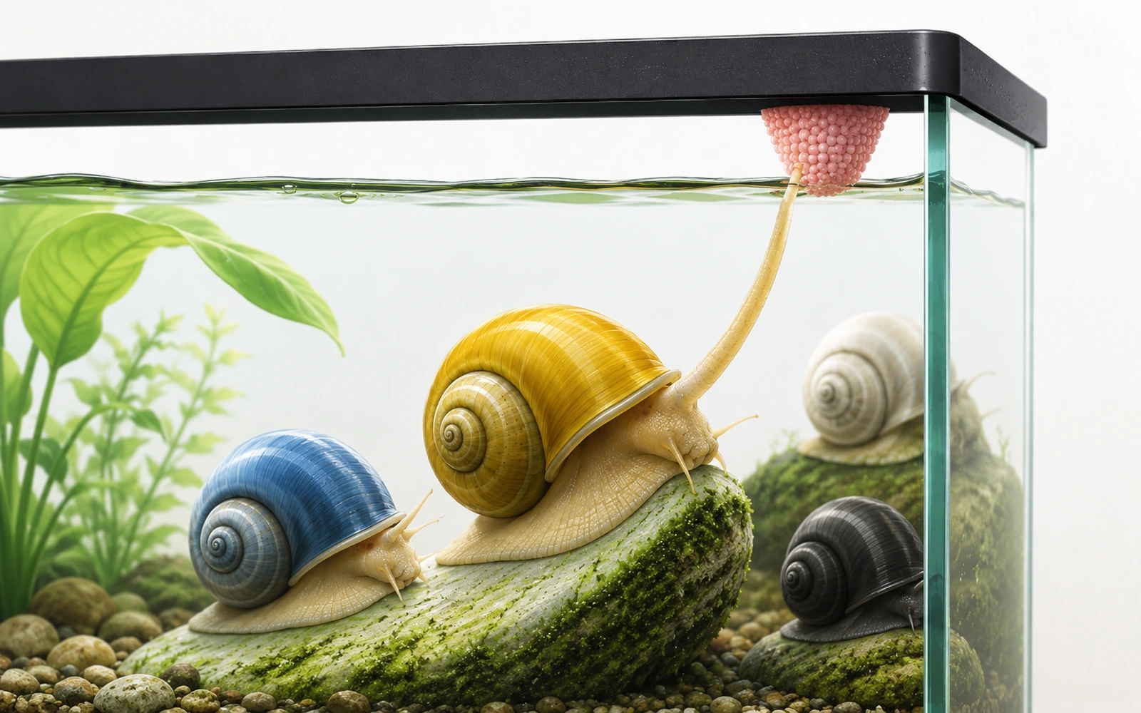 Minimalist aquarium image showing a mystery snail near the surface with an above-water egg clutch, illustrating air breathing and egg laying.