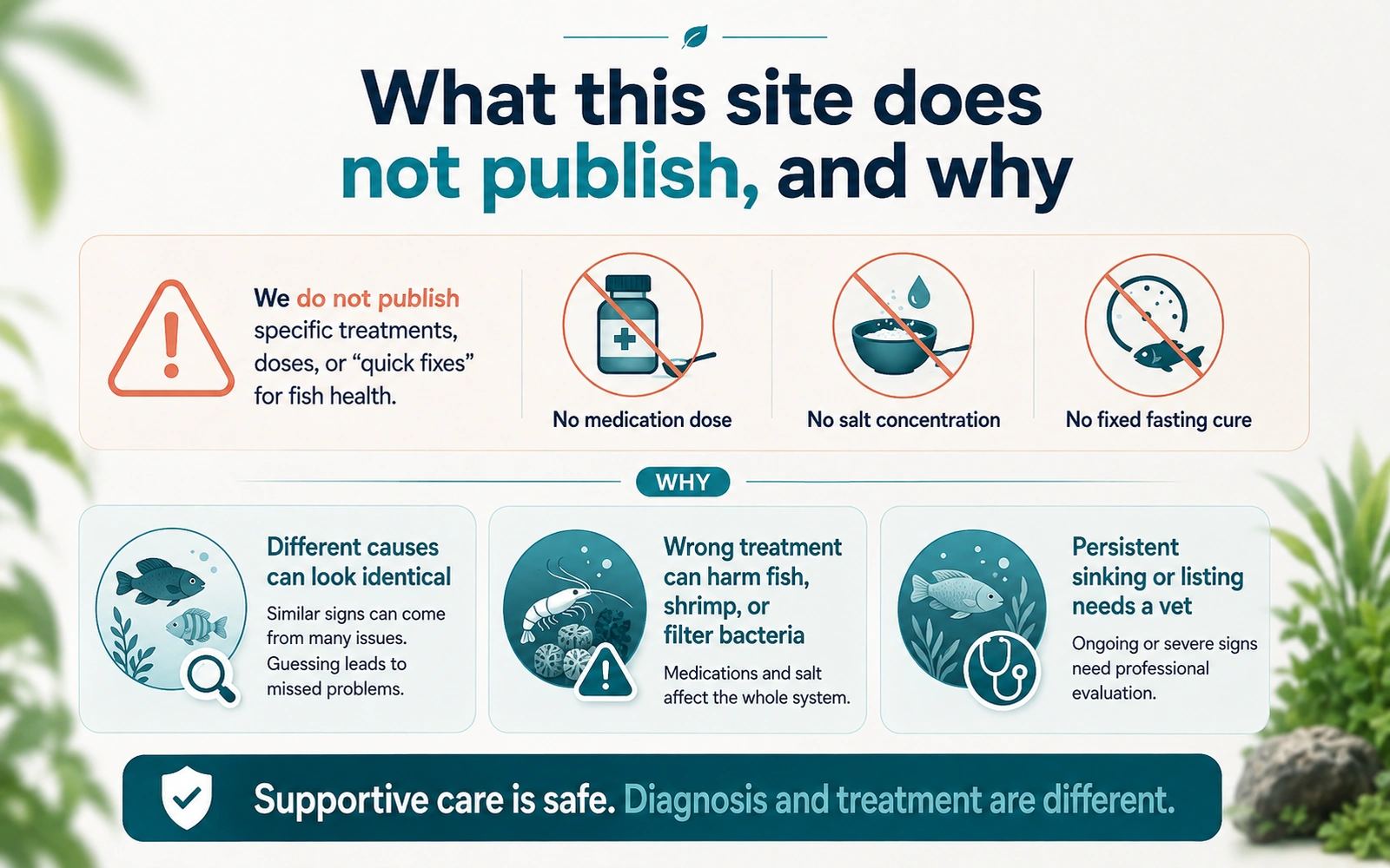 Safety infographic explaining why the site does not publish medication doses, salt concentrations, or fixed fasting cures for buoyancy loss.
