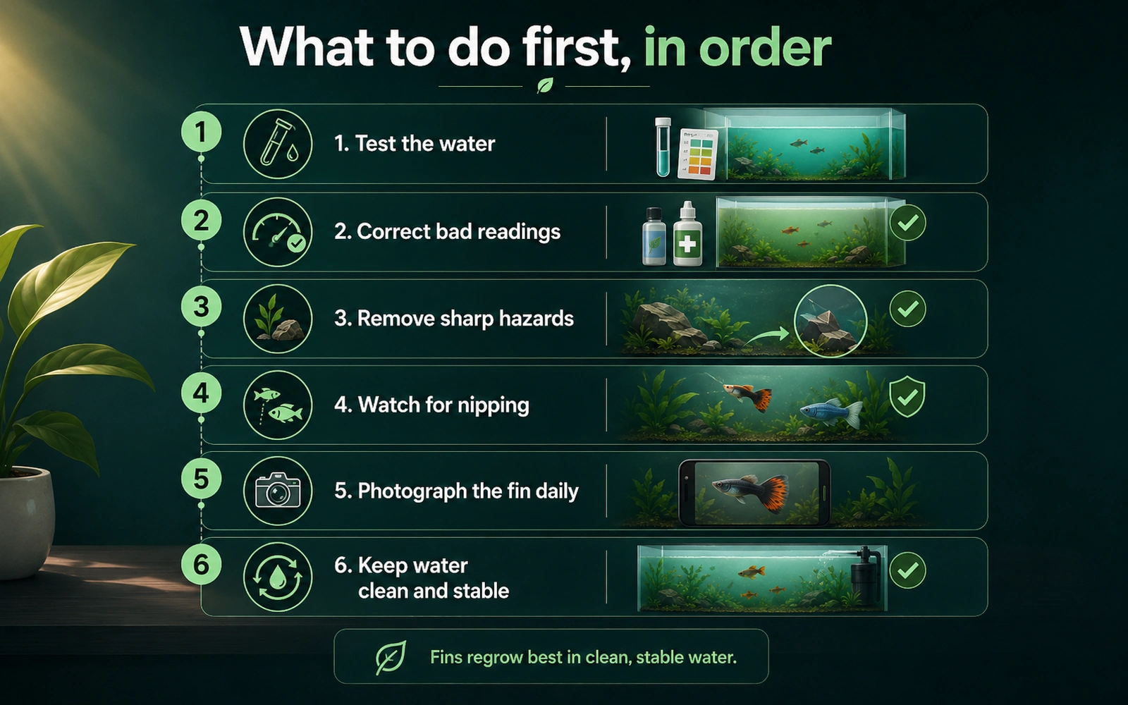 Step-by-step infographic showing the order to check water, hazards, nipping behavior, fin photos, and stable maintenance.