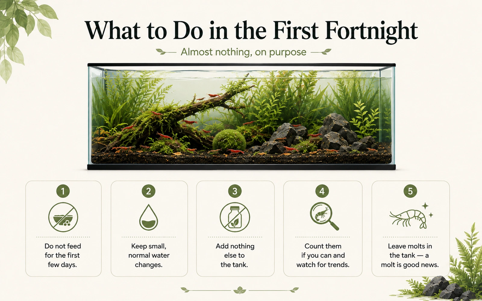 Infographic showing what to do during the first fortnight after adding shrimp, including minimal feeding, normal water changes, observation, and leaving molts in the tank.