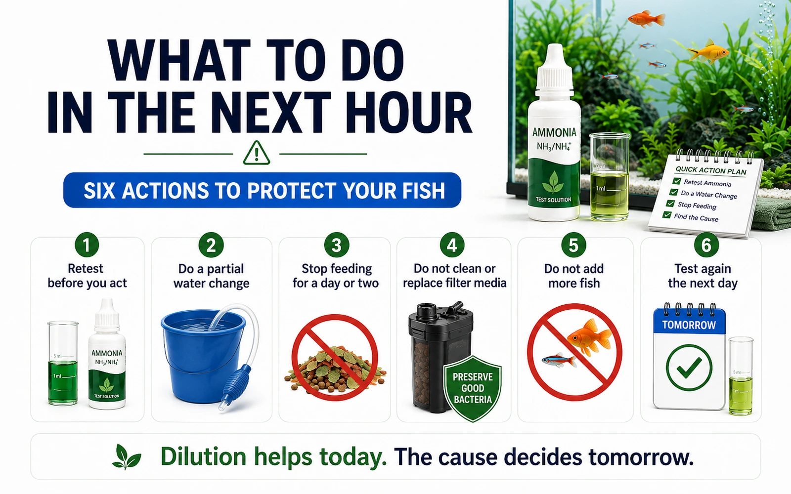 Six urgent actions to take when aquarium ammonia is above zero with icons for retesting, water change and stopping feeding