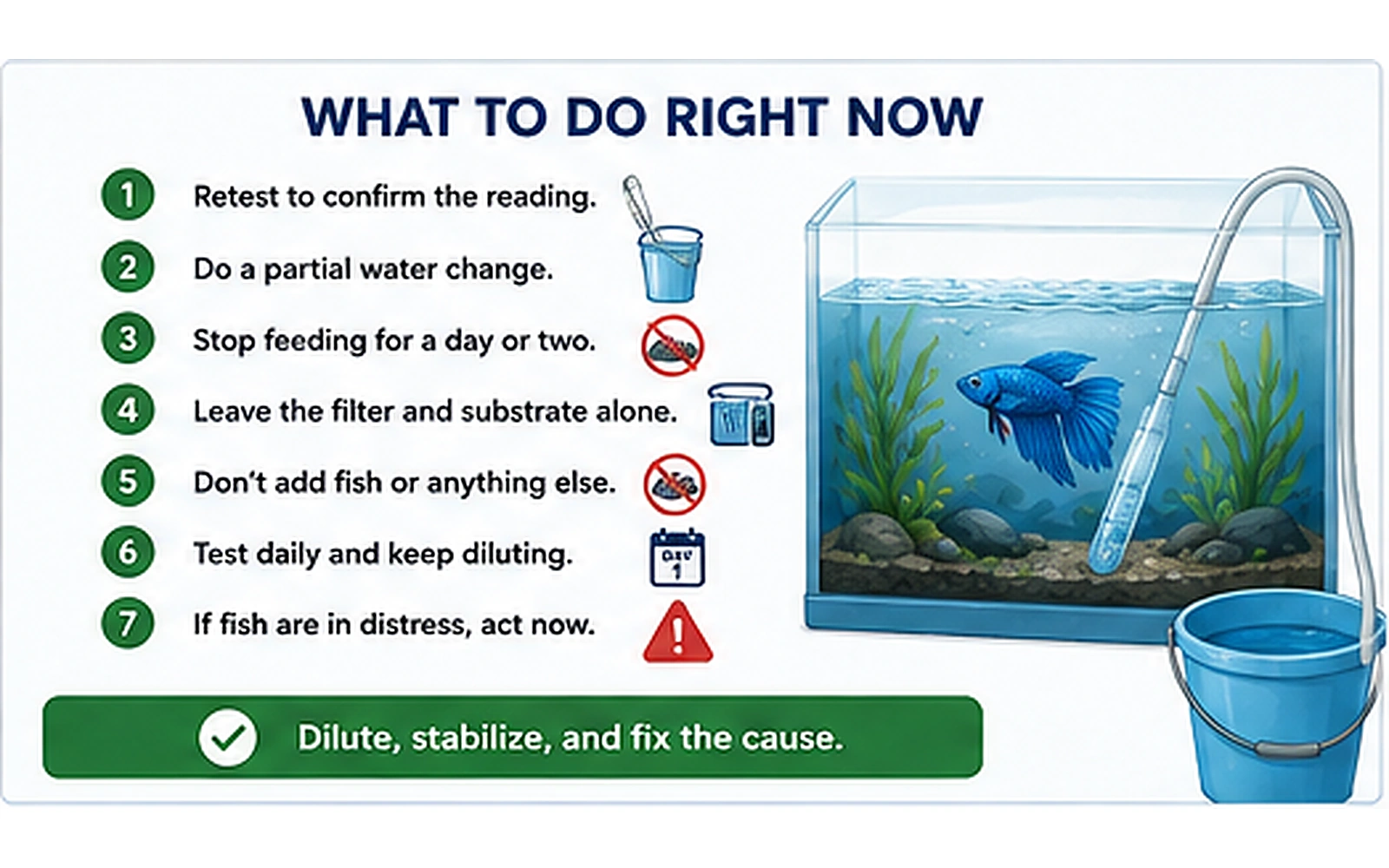 Immediate aquarium nitrite action plan showing retesting, partial water change, pausing feeding, protecting the filter and daily testing