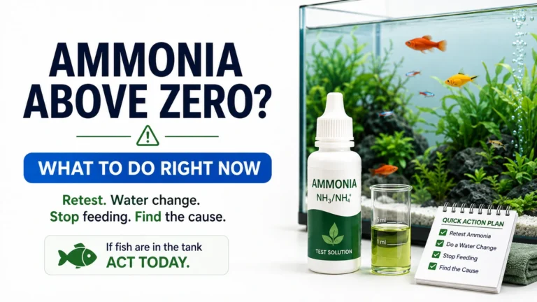 Aquarium ammonia test bottle and test vial beside a planted fish tank with headline about ammonia above zero