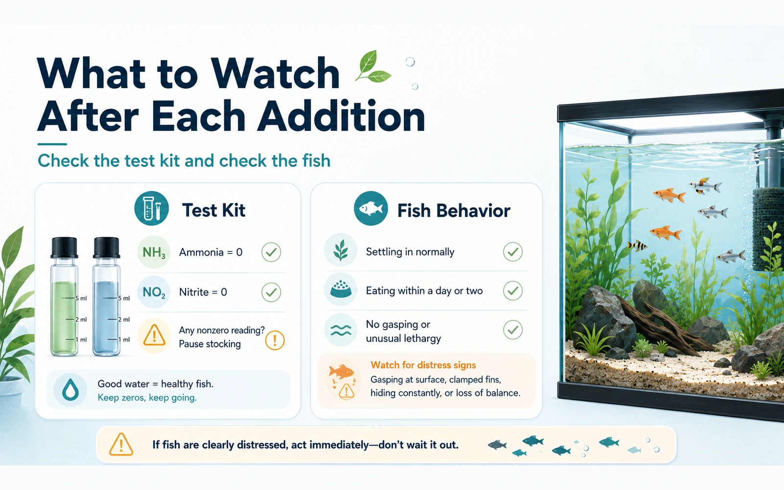 Aquarium checklist showing zero ammonia and nitrite readings alongside normal fish behavior and warning signs of distress