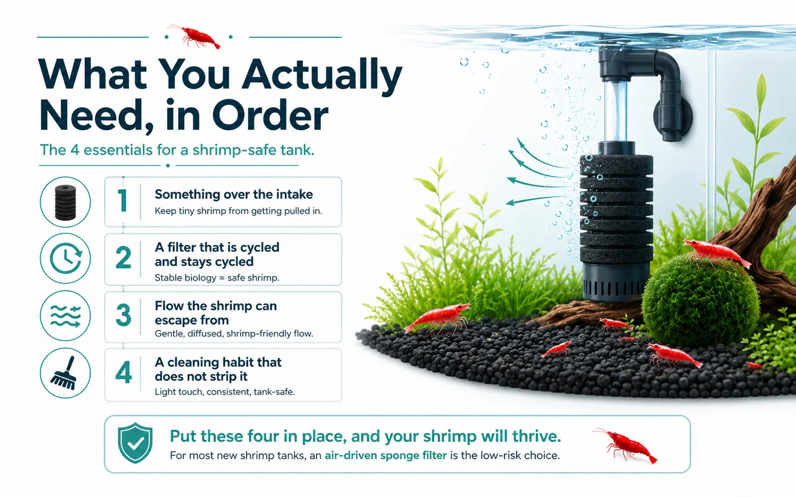 Minimalist aquarium infographic listing the four essentials for a shrimp-safe tank in order.
