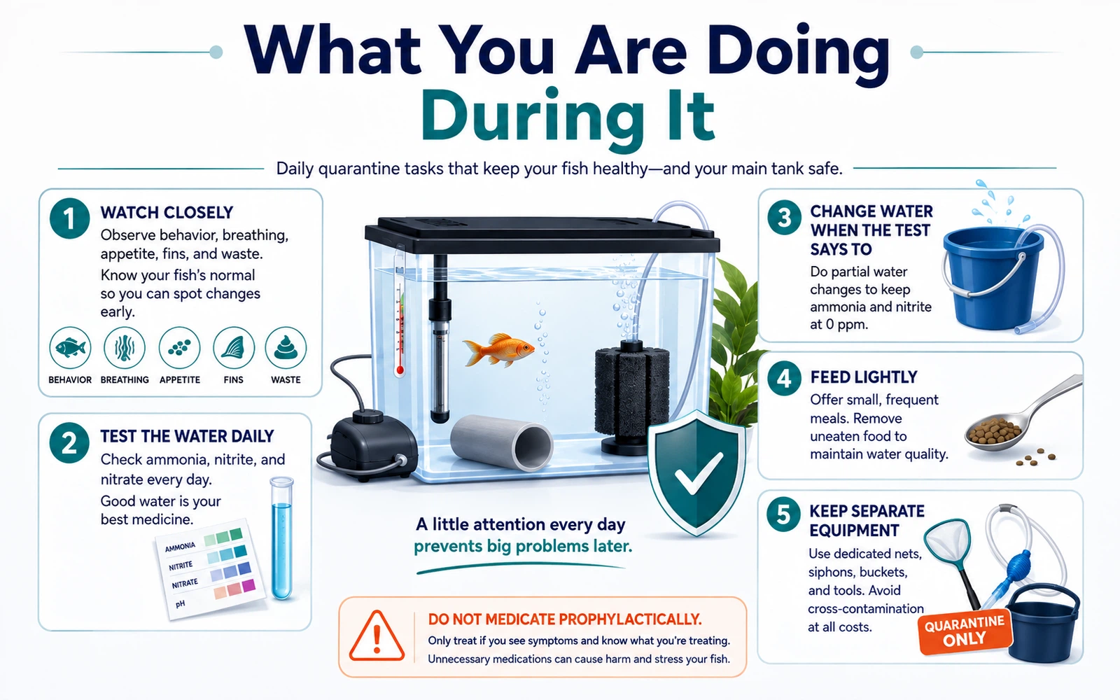 Infographic showing the daily quarantine routine: observe, test water, change water when needed, feed lightly, and keep equipment separate.