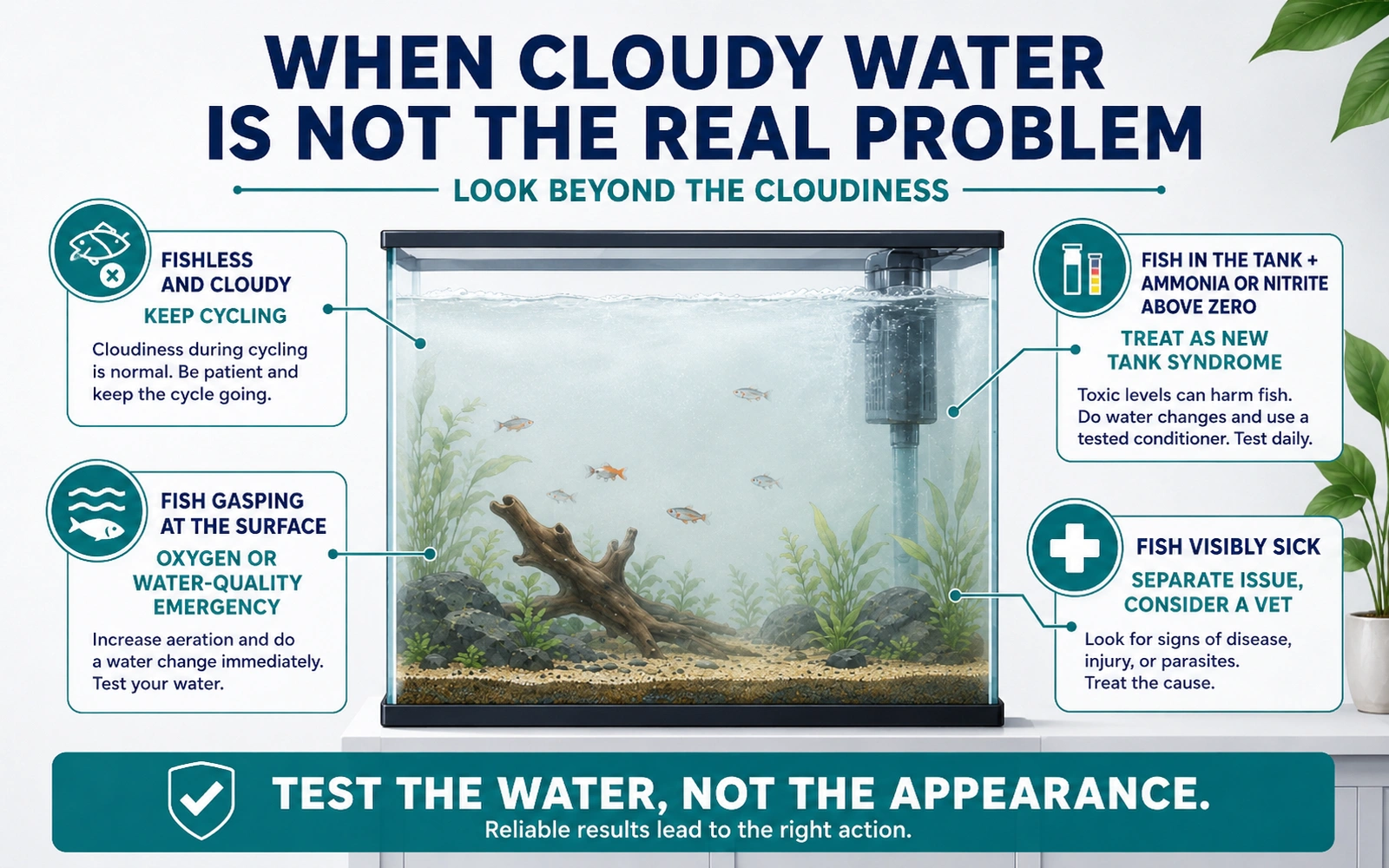 Infographic explaining when cloudy aquarium water is not the real problem and water quality or fish health needs attention.