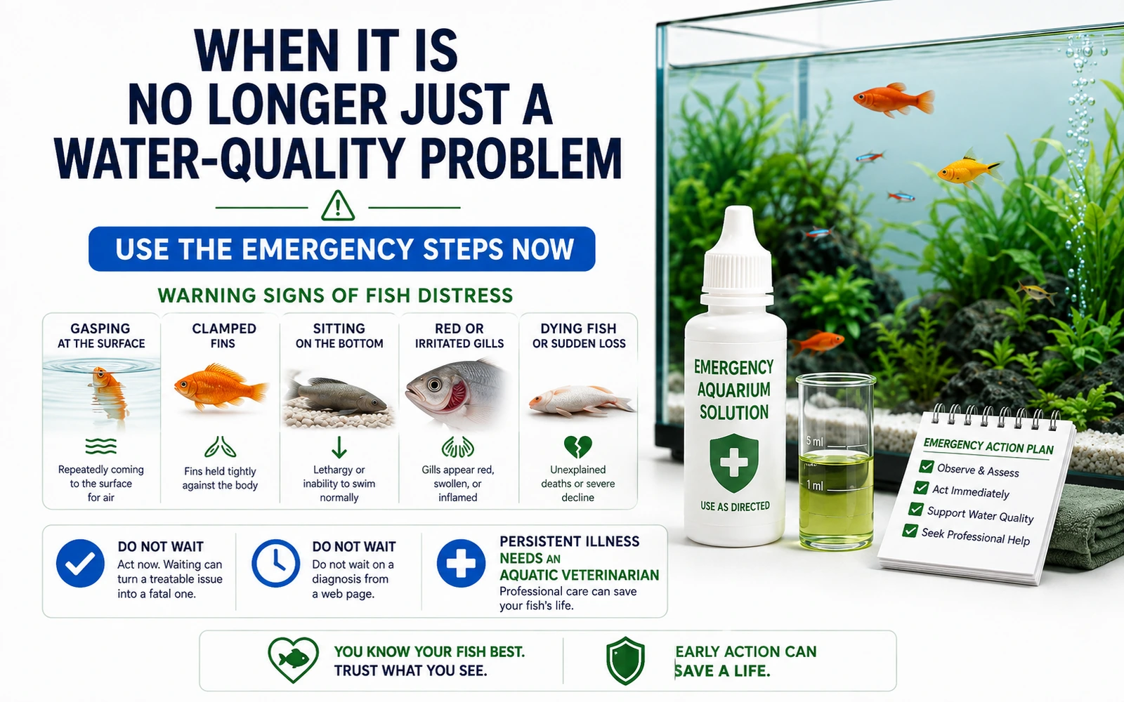 Emergency warning signs of fish distress such as gasping, clamped fins and red gills