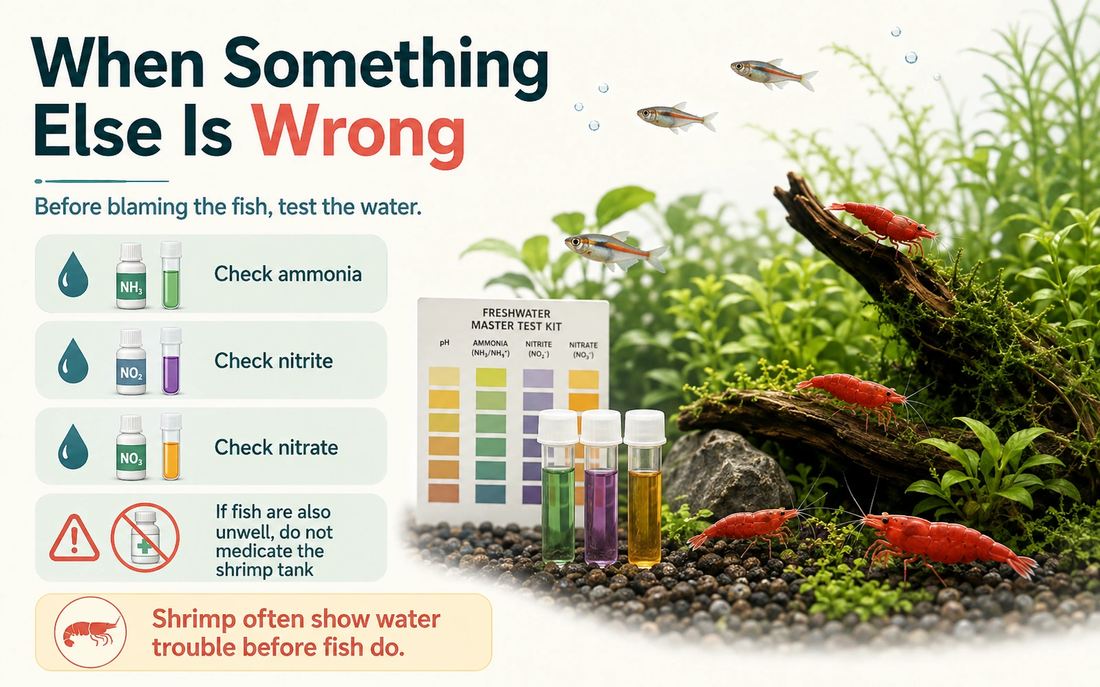 Infographic showing ammonia, nitrite and nitrate checks before blaming fish for shrimp losses.