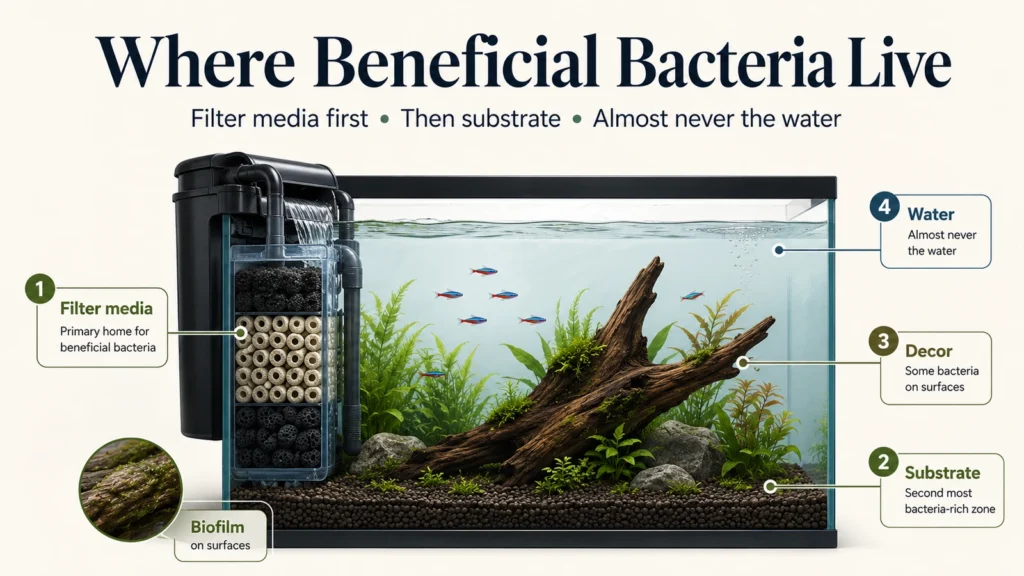 Planted freshwater aquarium showing beneficial bacteria concentrated in filter media, followed by substrate and decor, with little in the water