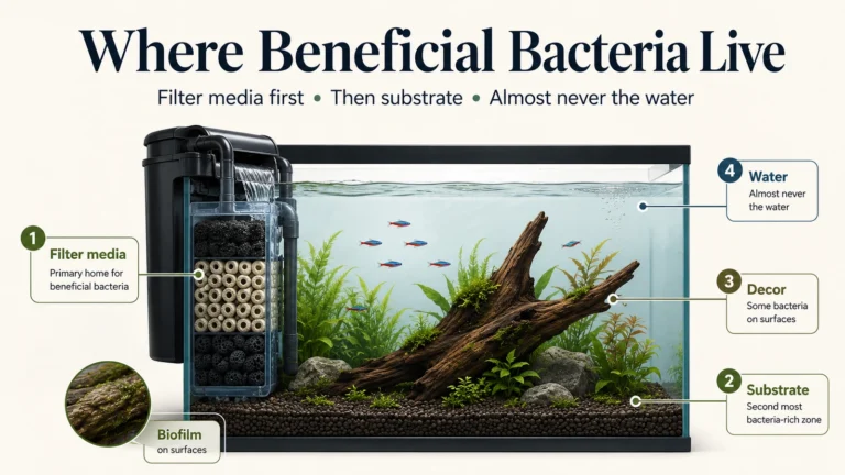 Planted freshwater aquarium showing beneficial bacteria concentrated in filter media, followed by substrate and decor, with little in the water