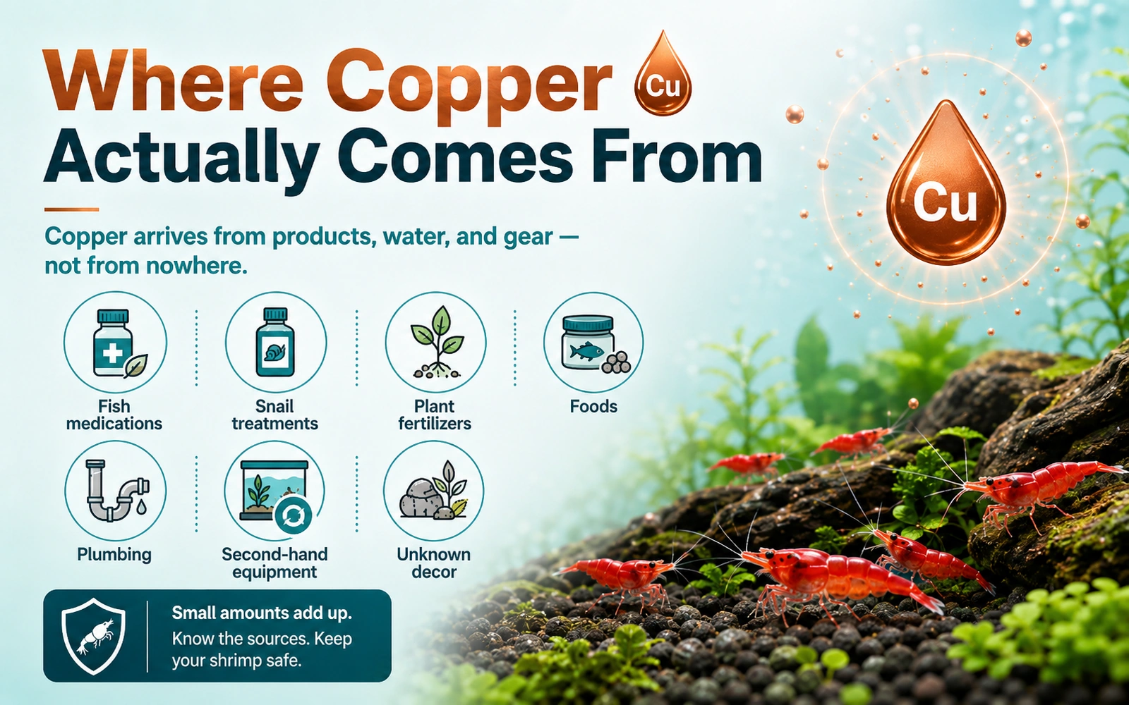 Infographic showing common sources of copper in aquariums including medications, snail treatments, fertilizers, foods, plumbing, second-hand equipment, and unknown decor.