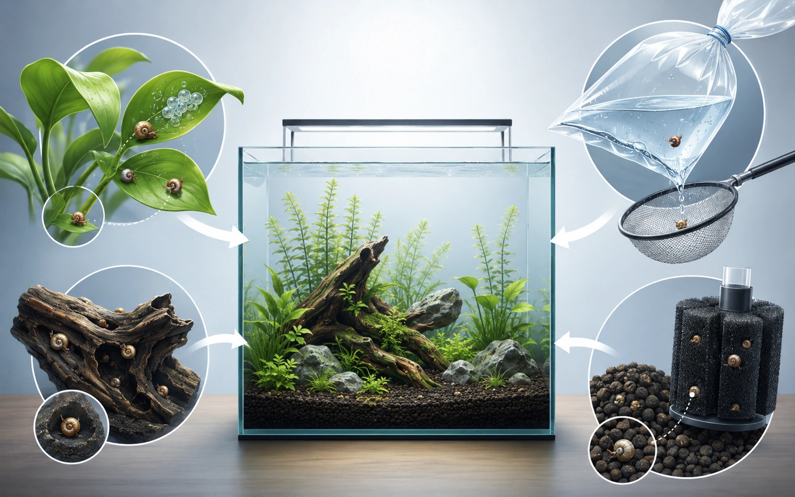 Minimalist aquarium infographic showing how pest snails and eggs arrive on plants, decor, shop water and second-hand equipment.