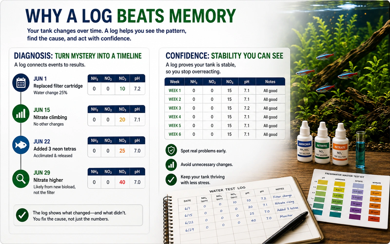Infographic explaining why keeping an aquarium water test log beats relying on memory.