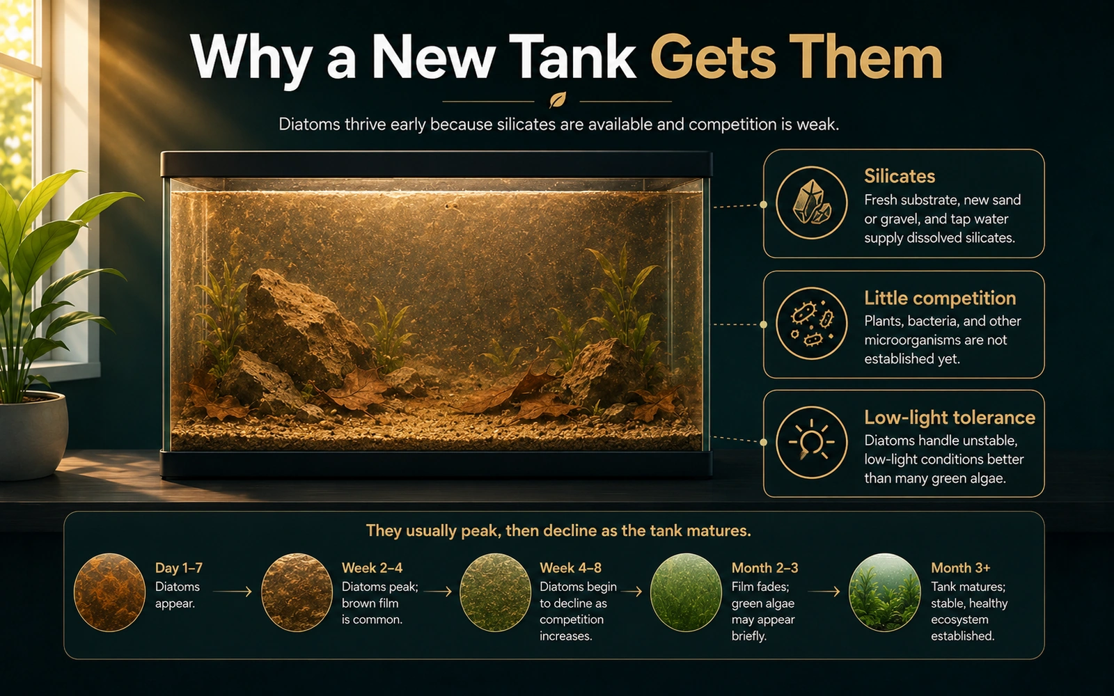 Infographic explaining why new aquariums get diatoms from silicates, low competition, and immature biology.