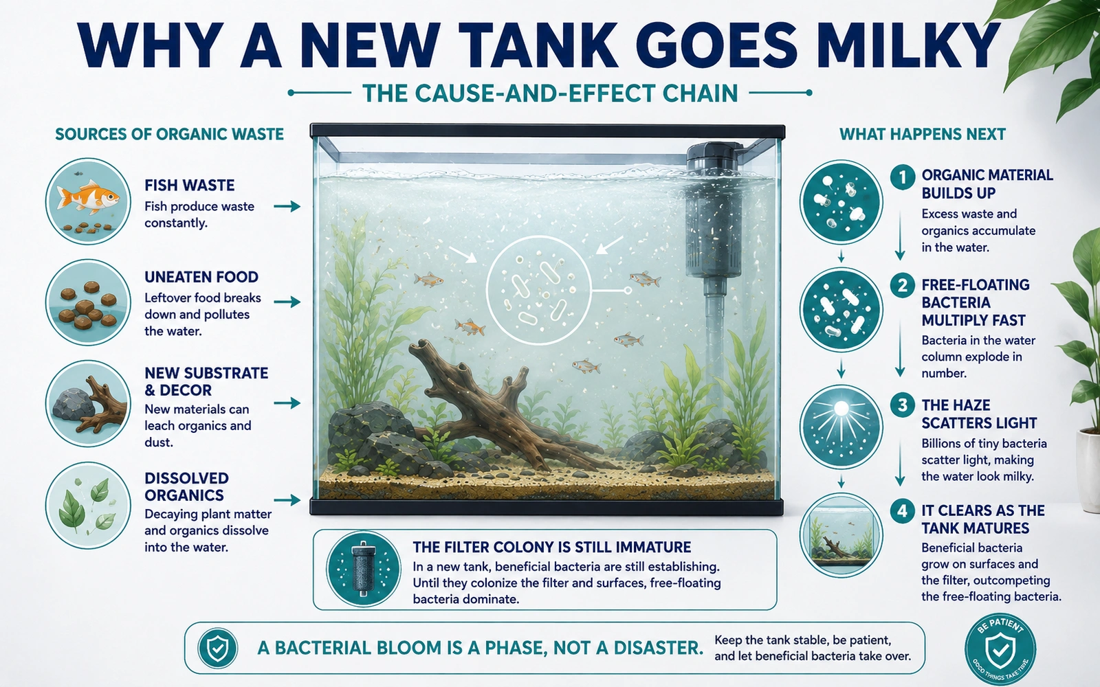Infographic explaining why a new aquarium turns milky during a bacterial bloom.
