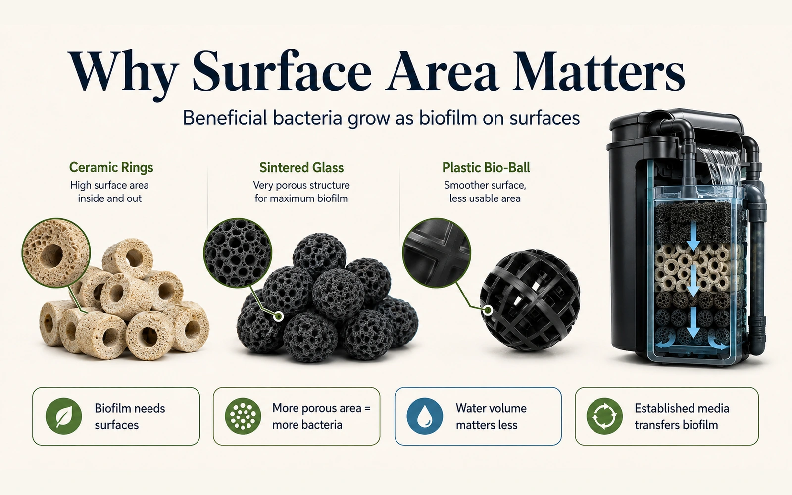 Ceramic rings, sintered glass, and plastic bio-ball compared for porous surface area available to aquarium biofilm