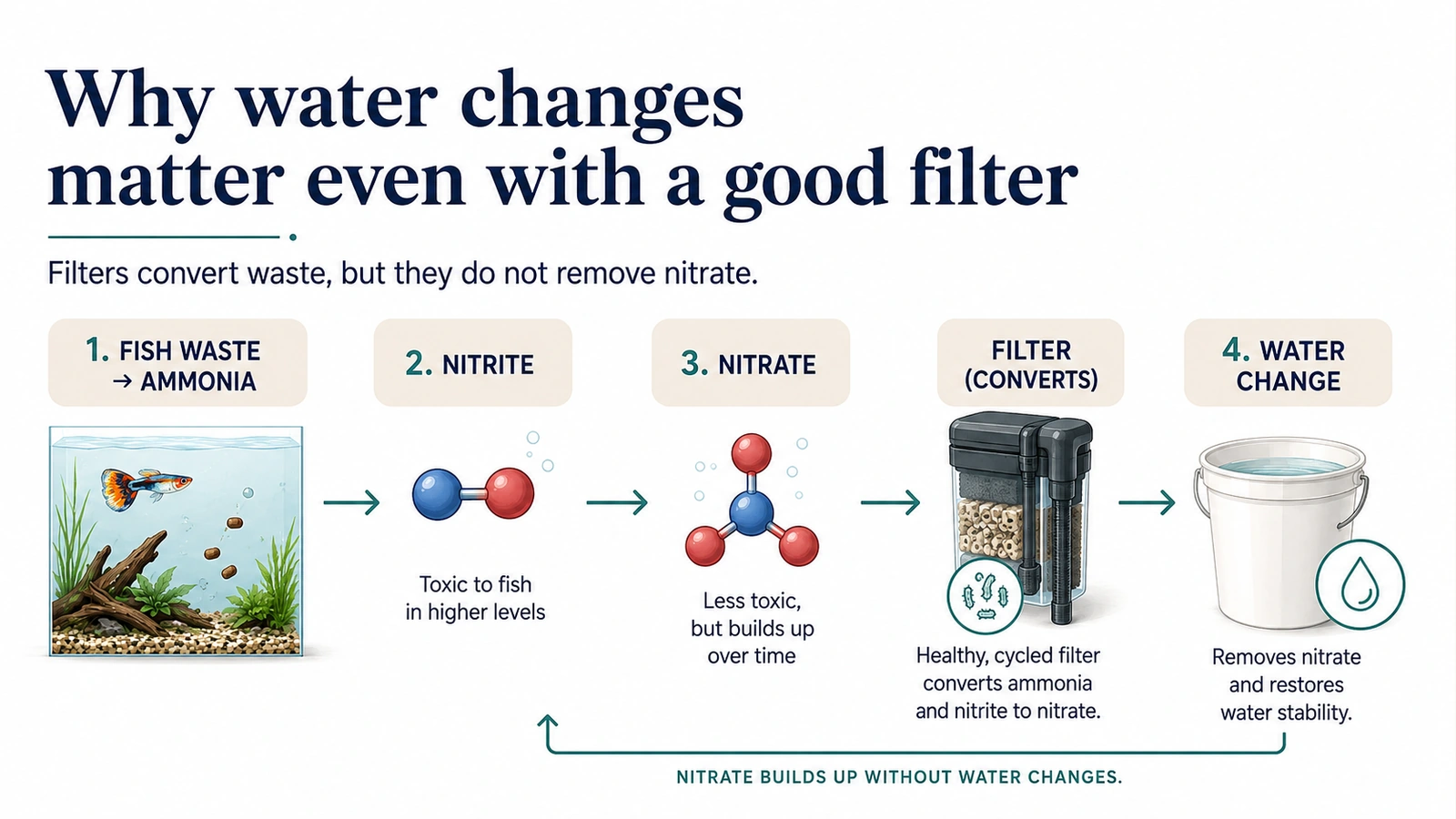 Illustration showing fish waste becoming ammonia, nitrite, and nitrate, with a filter converting waste and a water change removing nitrate