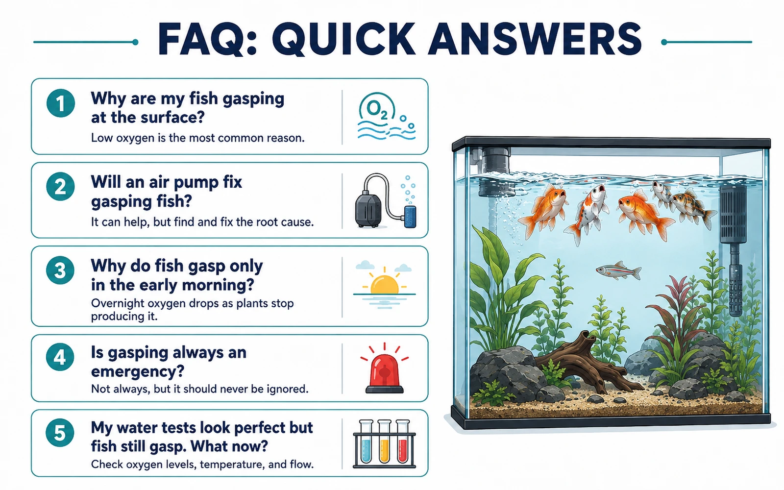 FAQ infographic with quick answers about fish gasping at the surface.