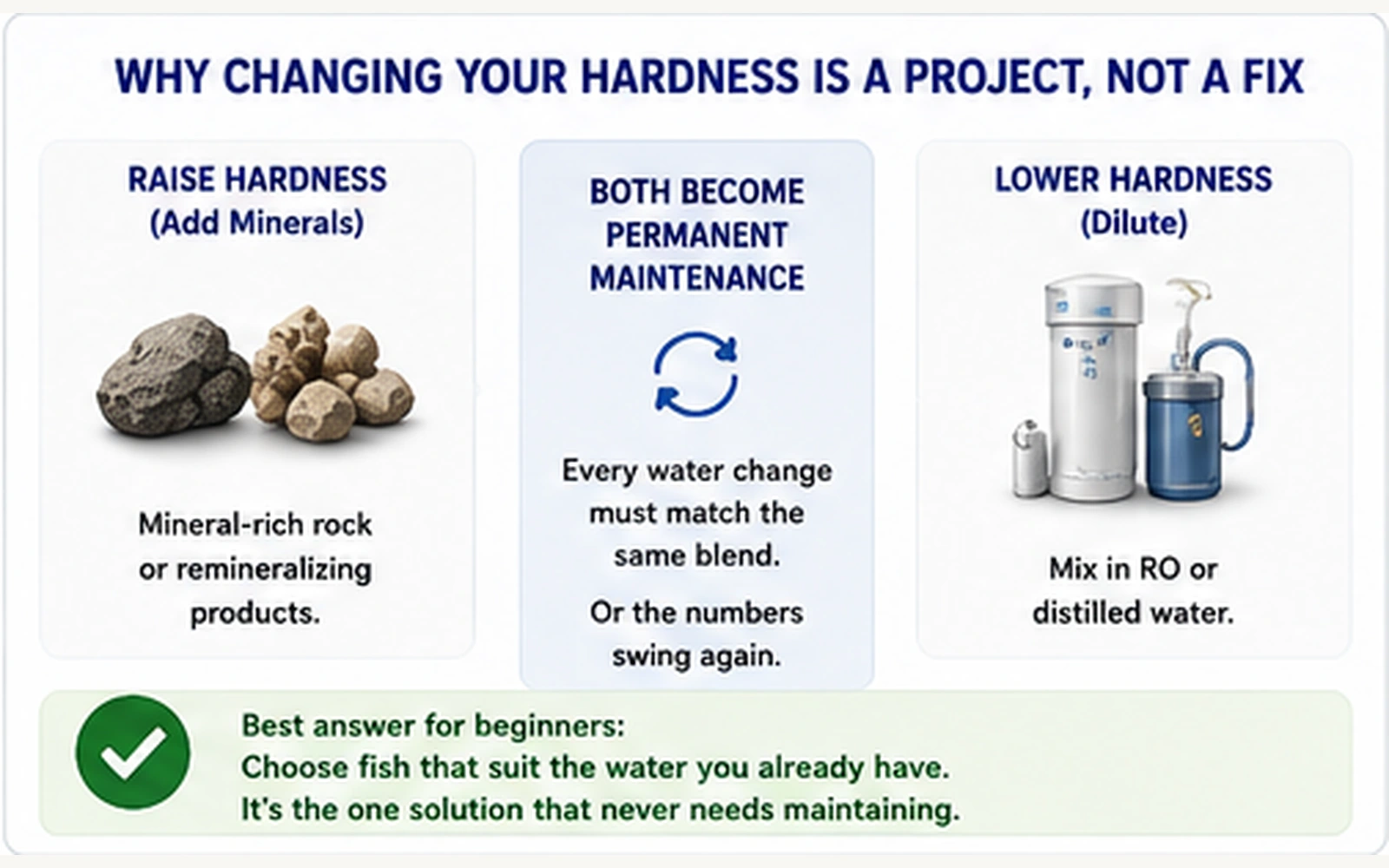 Aquarium infographic showing raising hardness with minerals and lowering hardness with RO water as ongoing maintenance