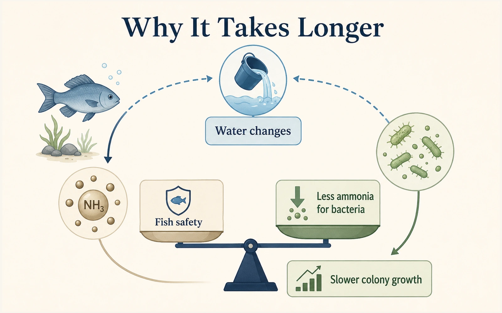 Balance illustration showing water changes protecting fish while reducing ammonia available for bacterial growth