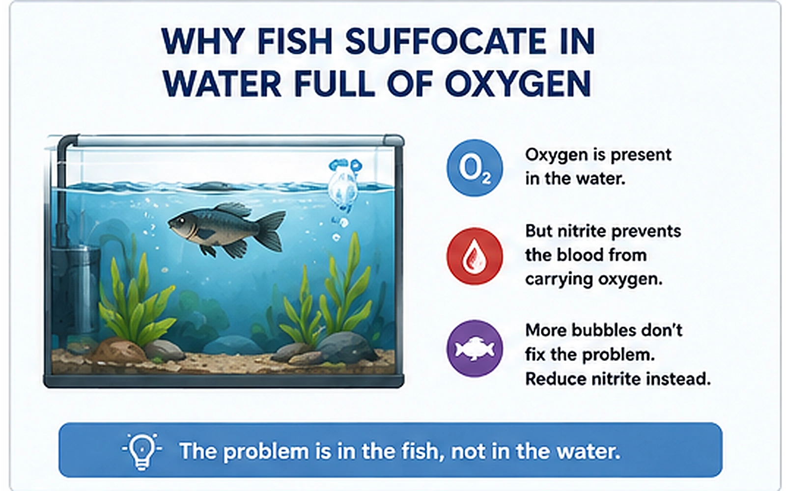 Aquarium illustration explaining that nitrite can prevent fish blood from carrying oxygen even when the water is well aerated
