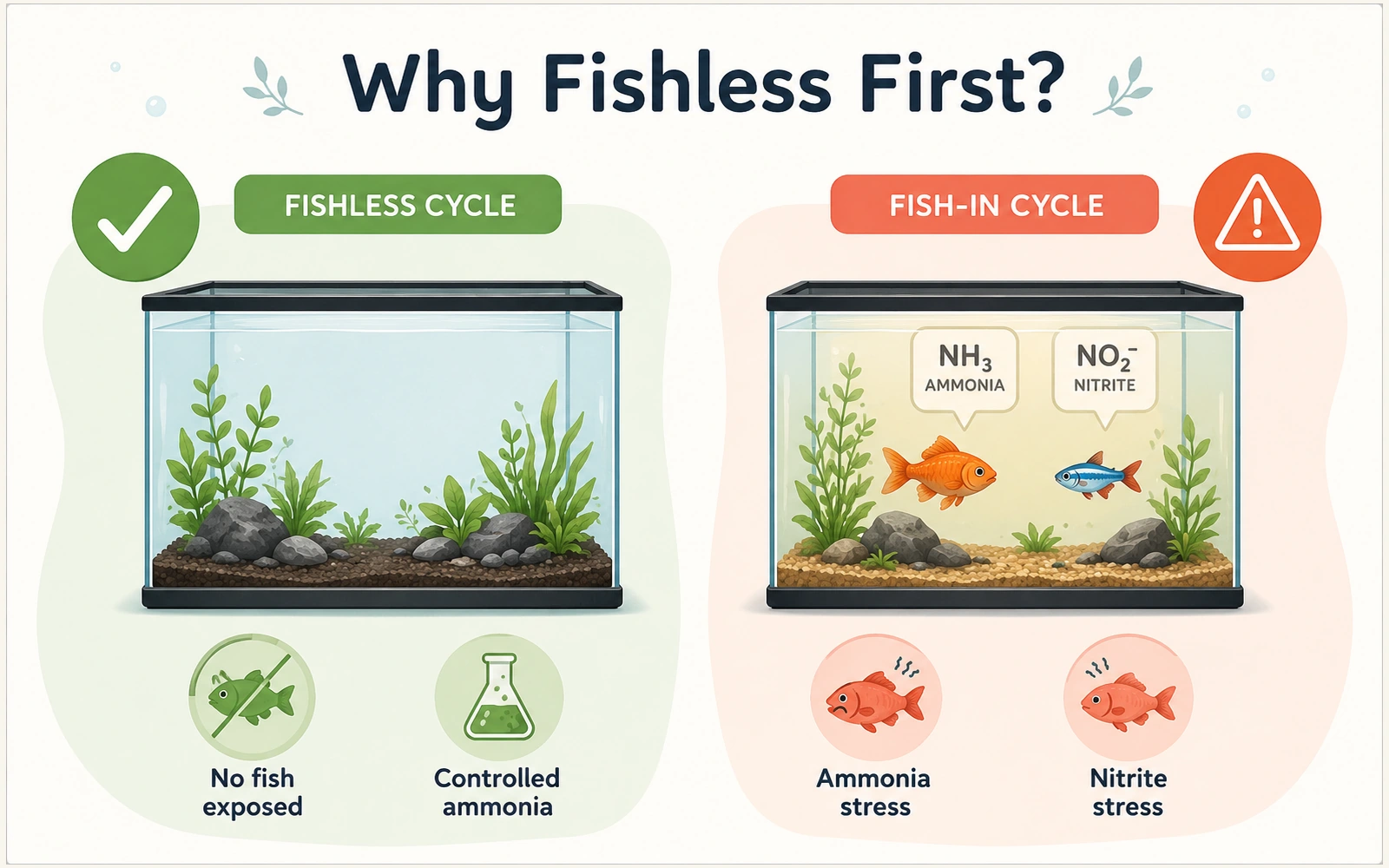 Side-by-side aquariums comparing a fishless cycle with a fish-in cycle that exposes fish to ammonia and nitrite