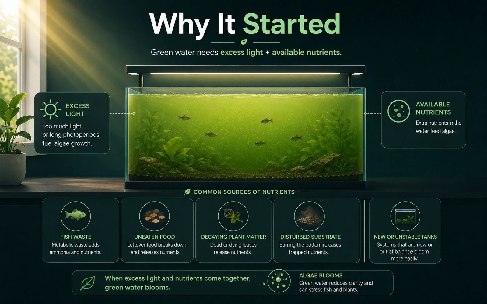 Infographic showing excess light and available nutrients as the main triggers of a green water bloom.