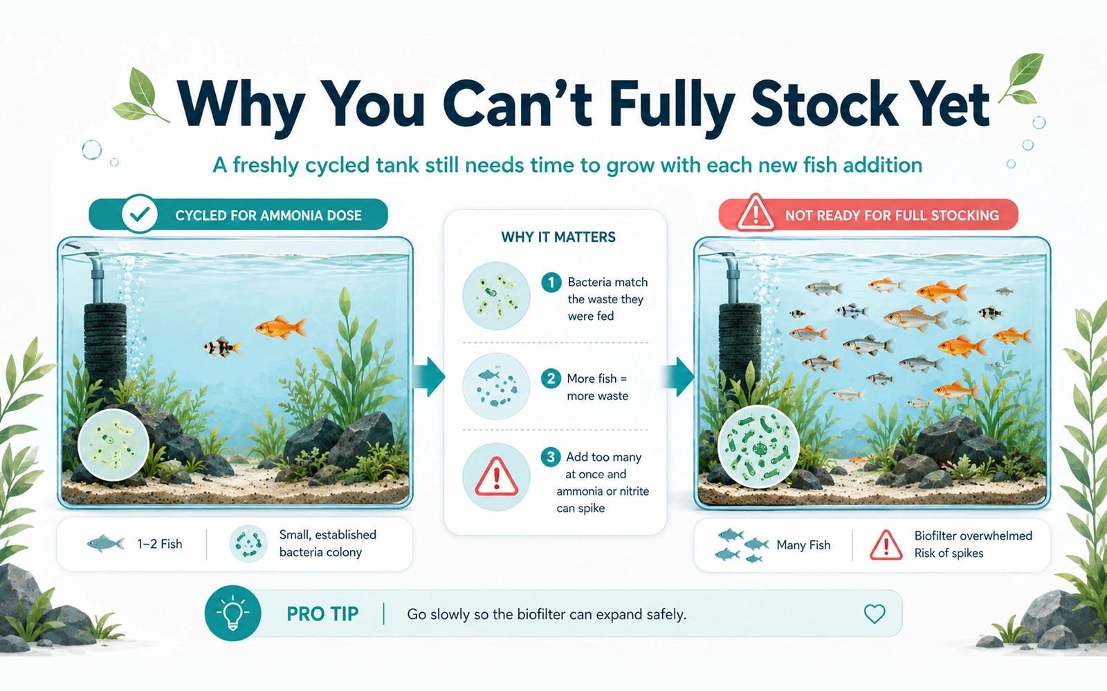 Comparison between a lightly stocked newly cycled aquarium and an aquarium overloaded with many fish and excess waste