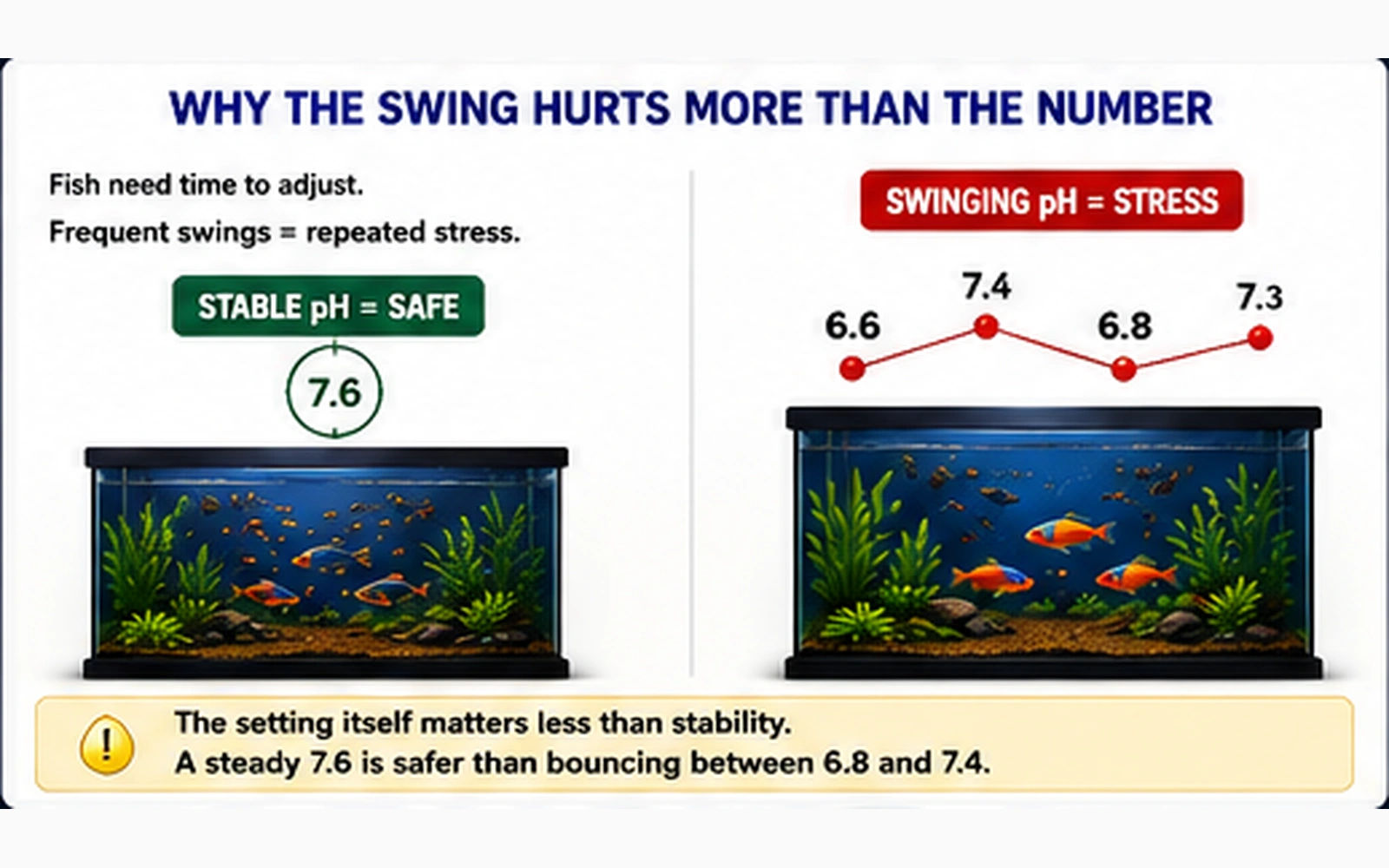 Side-by-side aquariums comparing a steady pH with a fluctuating pH and repeated stress on fish
