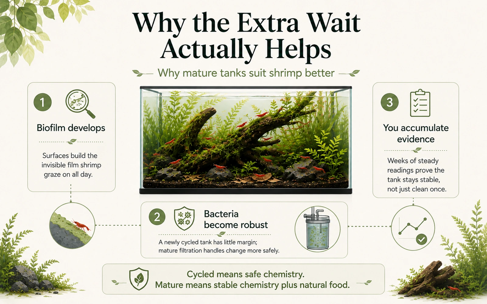 Infographic explaining why extra maturation time helps shrimp through biofilm, stronger biology, and a track record of stable readings.