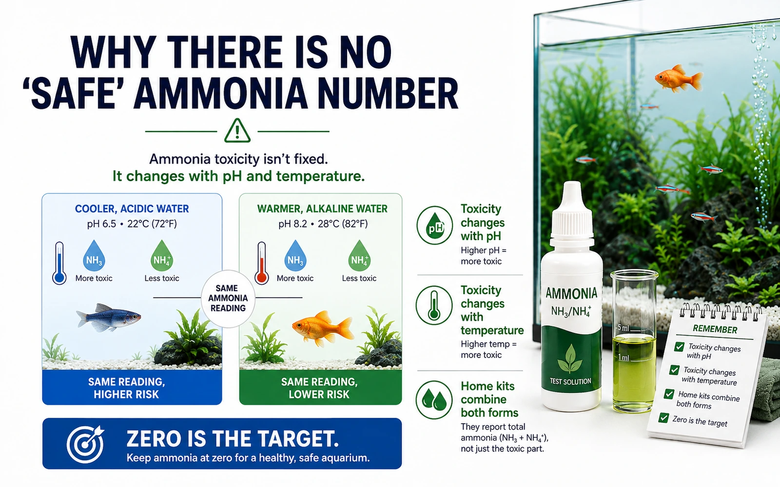 Infographic explaining that ammonia toxicity changes with pH and temperature and zero is the target