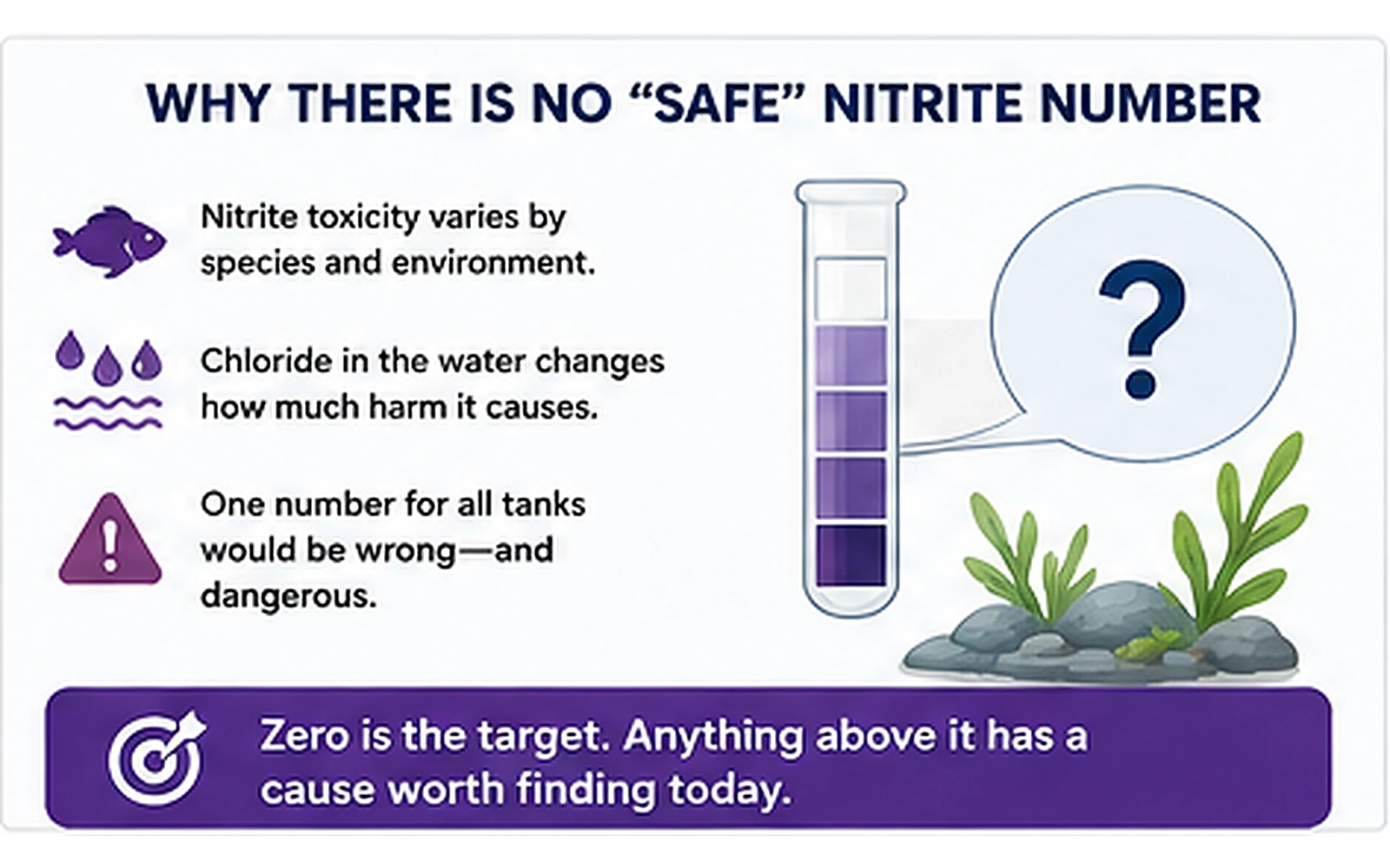 Infographic explaining that nitrite toxicity varies by fish species, environmental conditions and chloride concentration in the water
