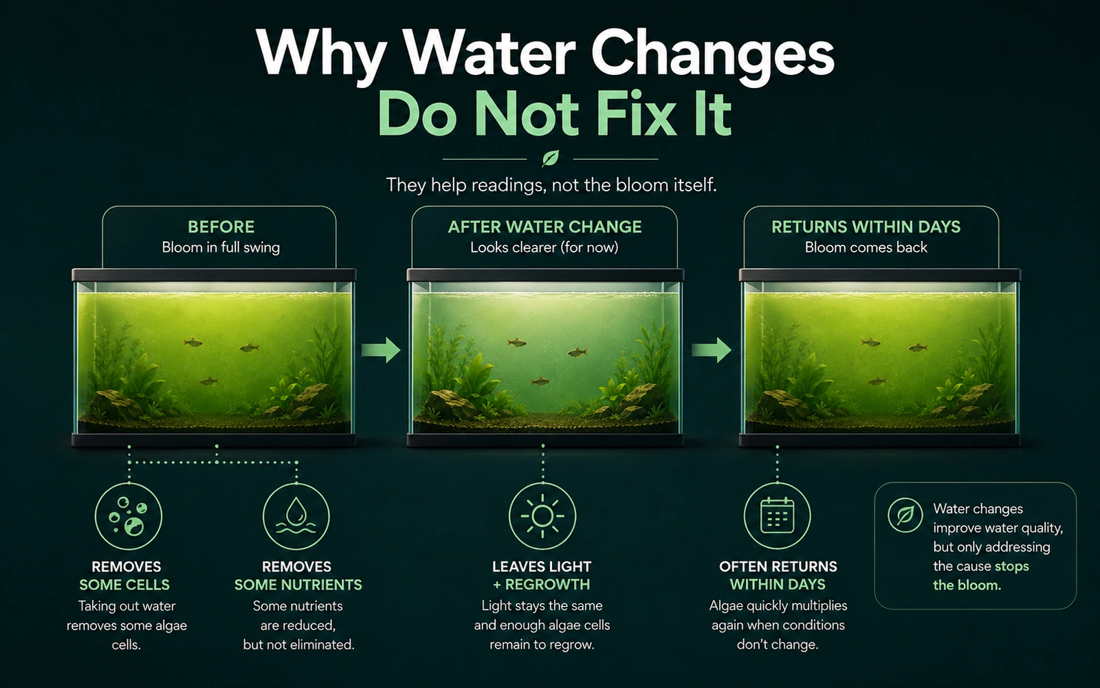 Infographic explaining why water changes temporarily improve clarity but do not solve a green water bloom.