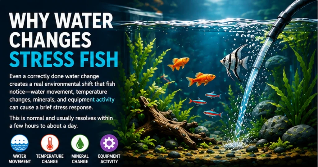 Aquarium illustration showing water movement, temperature changes, mineral changes, and maintenance activity that can briefly stress fish