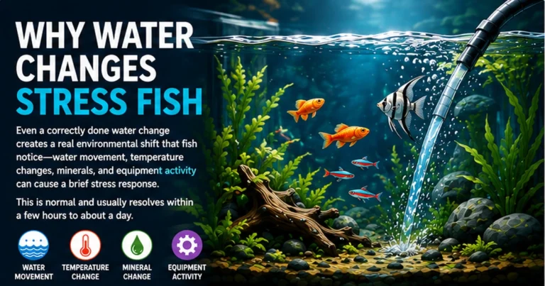 Aquarium illustration showing water movement, temperature changes, mineral changes, and maintenance activity that can briefly stress fish