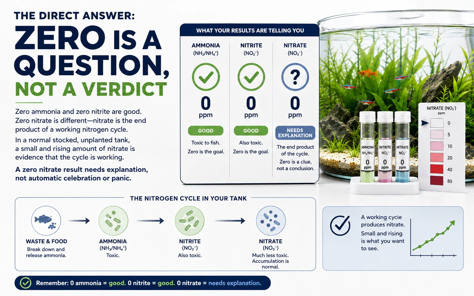 Infographic comparing zero ammonia and zero nitrite as good with zero nitrate as a reading that needs explanation
