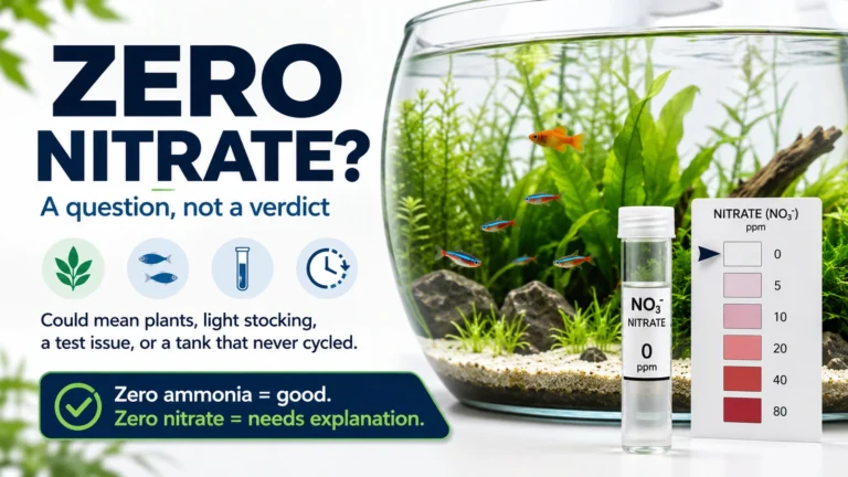 Planted freshwater aquarium with nitrate test vial and chart showing zero nitrate and headline explaining that zero nitrate needs explanation