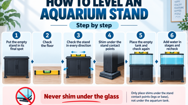 Featured infographic showing how to level an aquarium stand before any water goes in, using a spirit level and shims under the stand.
