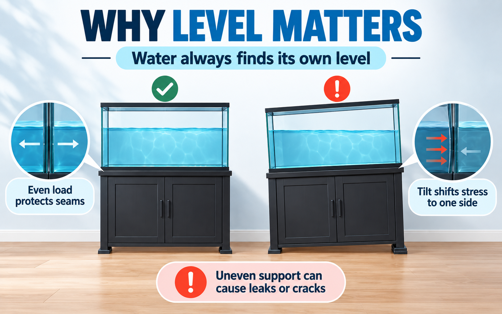 Infographic explaining why aquarium leveling matters, including shifted load, uneven support and stress on glass and seams.