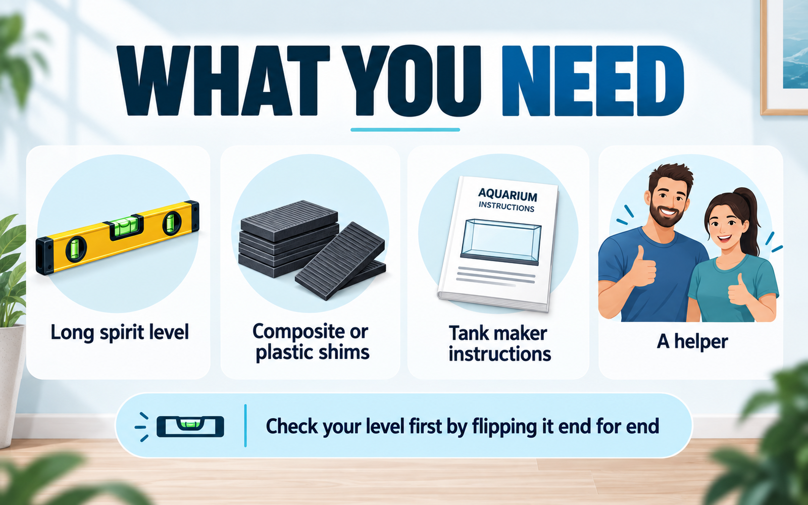 Checklist infographic showing what you need to level an aquarium stand: a long spirit level, non-compressing shims, the tank manual and a helper.