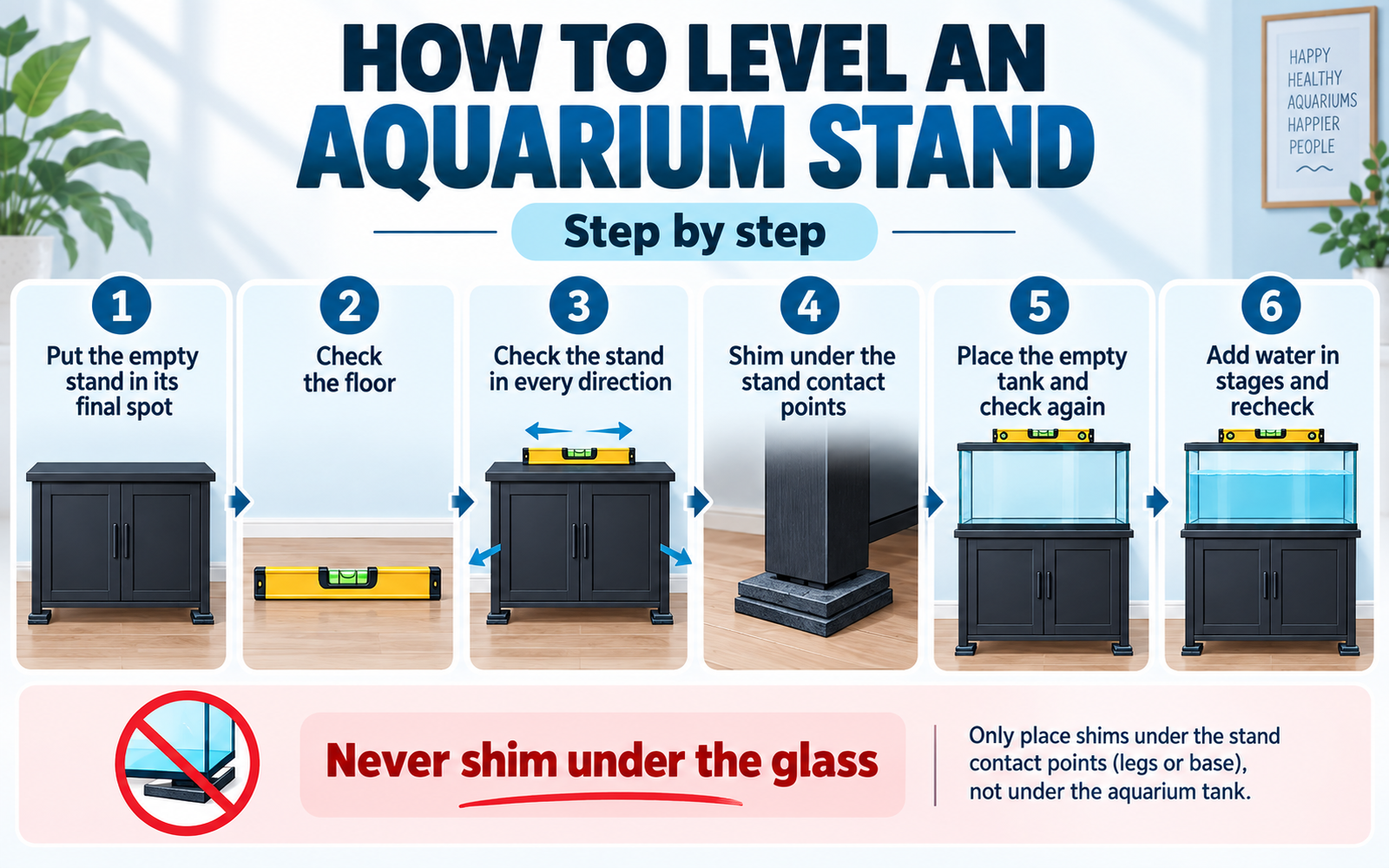 Step-by-step infographic showing how to level an aquarium stand, find low points, shim under the stand and recheck before filling.