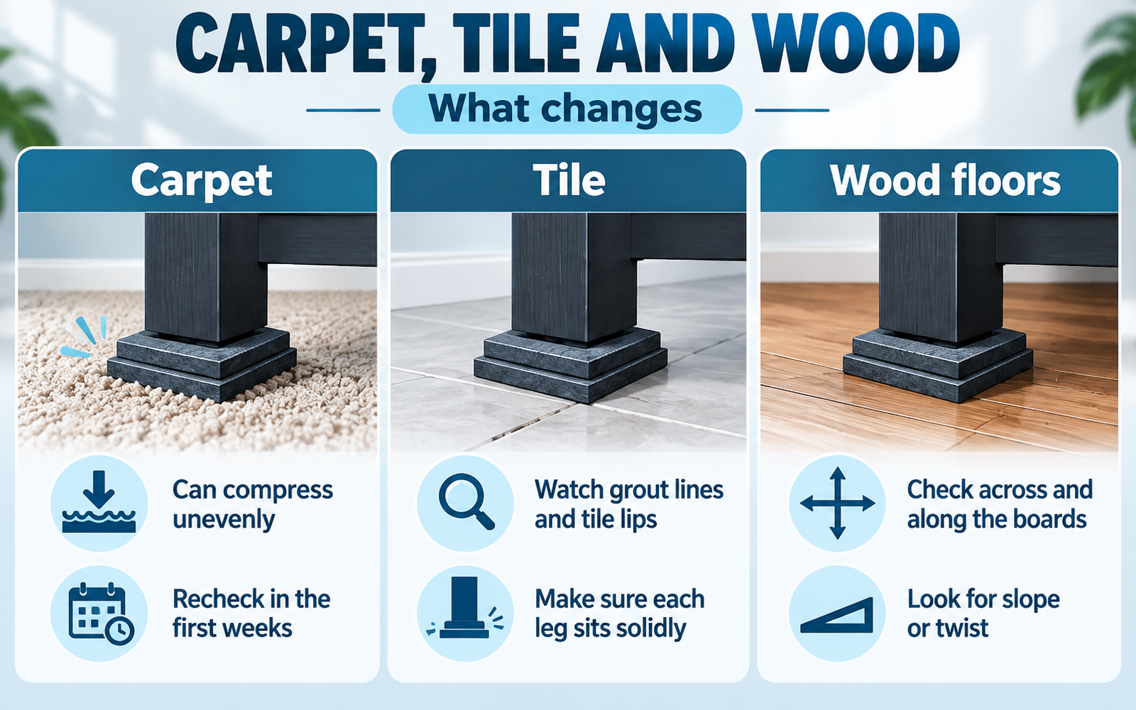 Infographic comparing aquarium stand leveling on carpet, tile and wood floors and explaining what can change after setup.